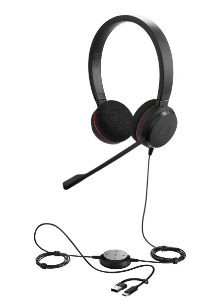 Jabra Evolve 20 SE USB C/A UC Stereo Headset mit Kunstlederpolster & USB-C auf USB-A Adapter