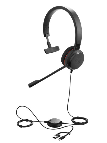 Jabra Evolve 30 II USB C/A & 3,5mm MS Teams Mono Headset mit 3,5 mm Klinke & USB-C auf USB-A Adapter