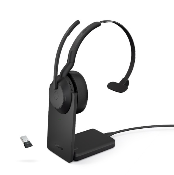 Jabra Evolve2 55 Stand Link380a UC Mono Bluetooth ANC Headset inkl. Ladestation & Link380a USB-A Blu